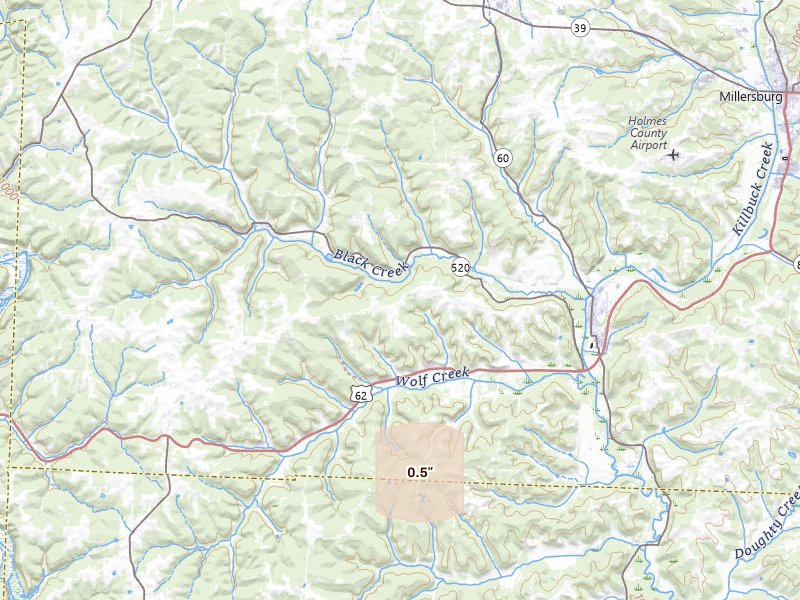 Radar-estimated hail-size map of the storm over Killbuck, OH on Apr 21, 2026