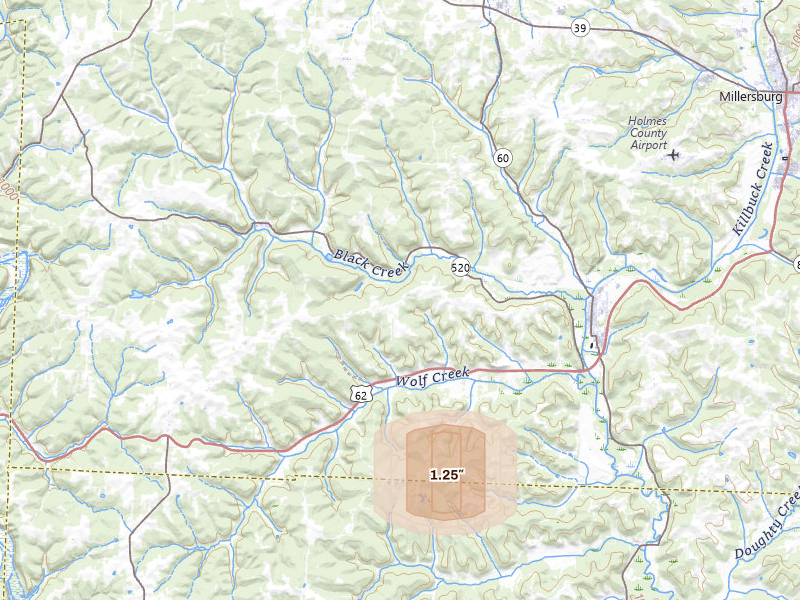 Radar-estimated hail-size map of the storm over Killbuck, OH on Jul 23, 2026