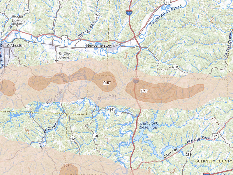 Radar-estimated hail-size map of the storm over Kimbolton, OH on Mar 22, 2026