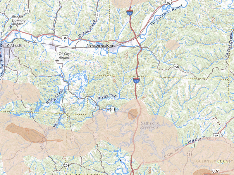 Radar-estimated hail-size map of the storm over Kimbolton, OH on Jun 6, 2026
