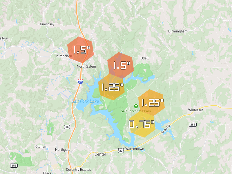 Hail map of Kimbolton, OH on Jun 7, 2026, hail up to 1.5"