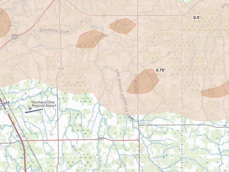 Radar-estimated hail-size map of the storm over Kingsville, OH on Jun 14, 2026