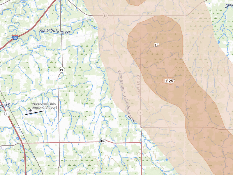 Radar-estimated hail-size map of the storm over Kingsville, OH on Sep 1, 2026