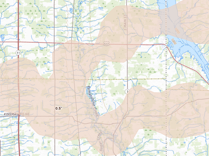Radar-estimated hail-size map of the storm over Kinsman, OH on Sep 2, 2026