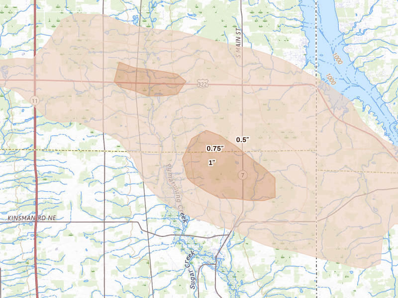 Radar-estimated hail-size map of the storm over Kinsman, OH on Sep 3, 2026