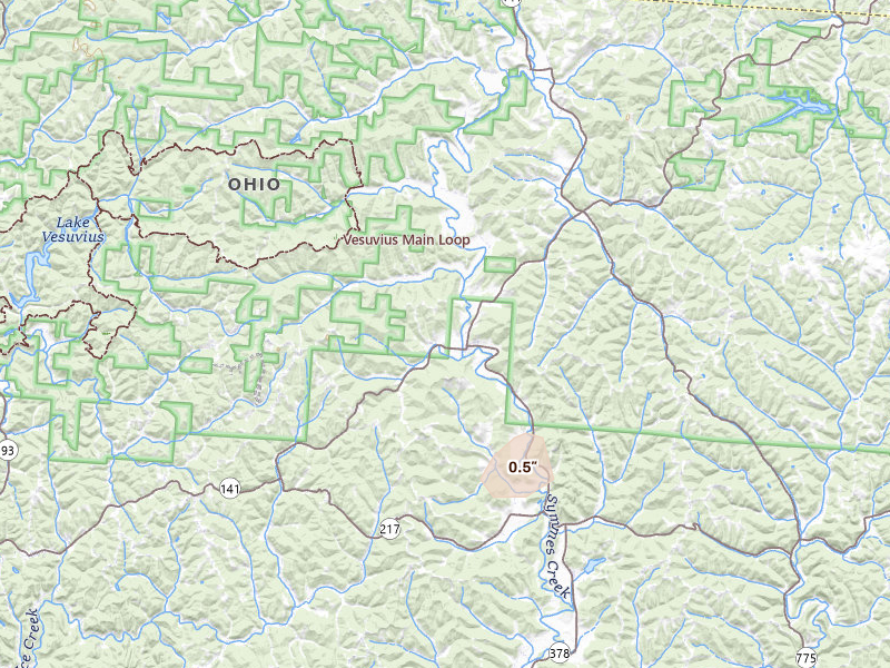 Radar-estimated hail-size map of the storm over Kitts Hill, OH on Apr 1, 2026