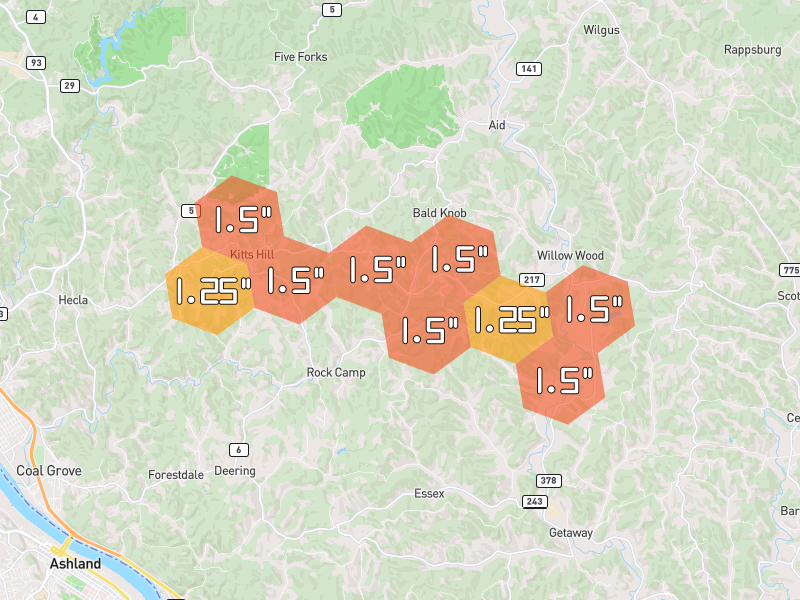 Hail map of Kitts Hill, OH on Jul 21, 2026, hail up to 1.5"