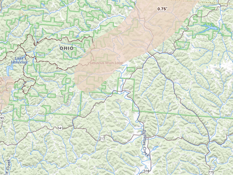 Radar-estimated hail-size map of the storm over Kitts Hill, OH on Aug 7, 2026