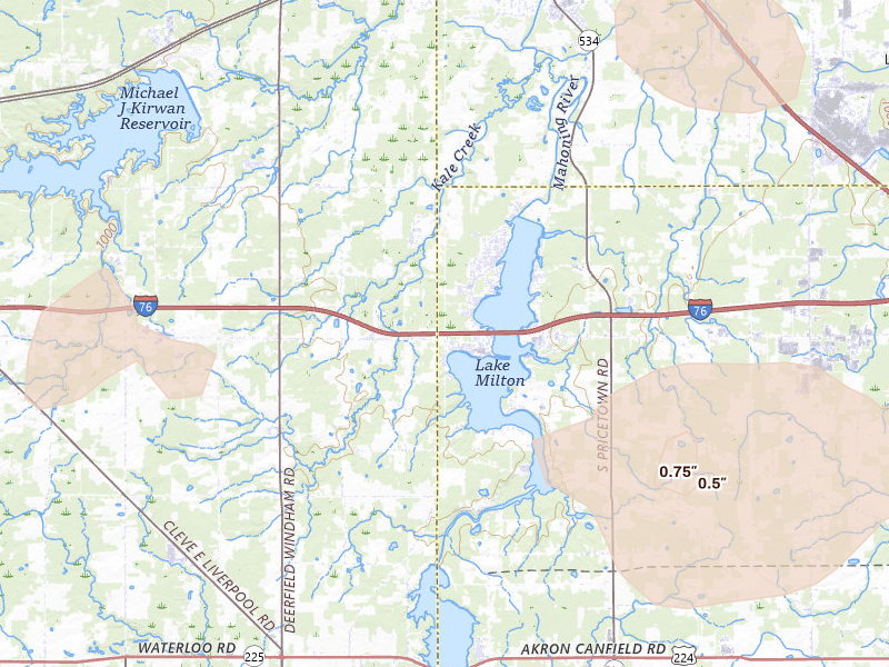 Radar-estimated hail-size map of the storm over Lake Milton, OH on Jul 5, 2026