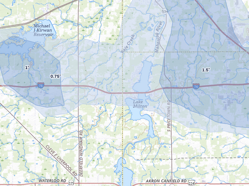 NEXRAD radar-signature map of the hail storm over Lake Milton, OH on Jul 5, 2026