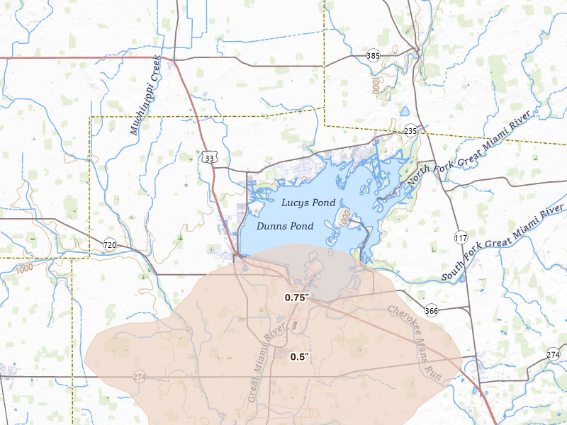 Radar-estimated hail-size map of the storm over Lakeview, OH on Apr 22, 2026