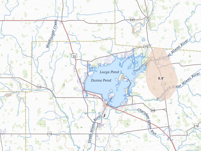 Radar-estimated hail-size map of the storm over Lakeview, OH on Jun 6, 2026