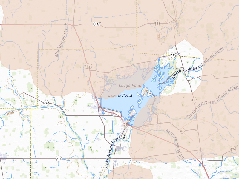 Radar-estimated hail-size map of the storm over Lakeview, OH on Aug 10, 2026