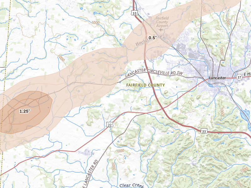 Radar-estimated hail-size map of the storm over Lancaster, OH on Mar 7, 2026