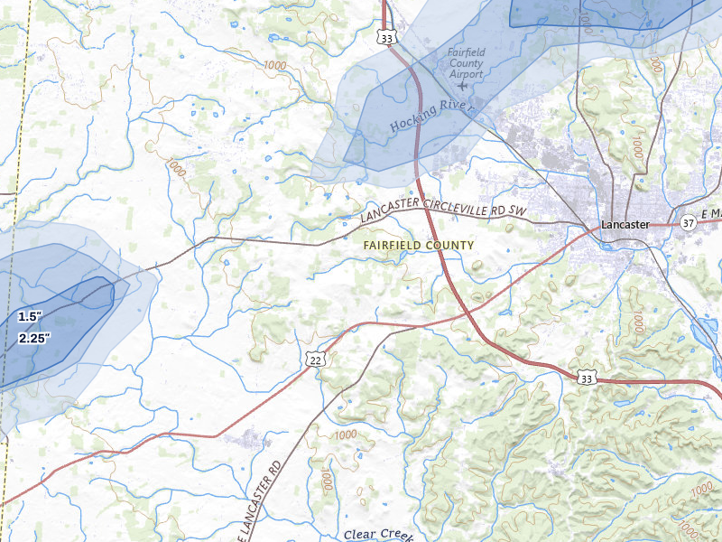 NEXRAD radar-signature map of the hail storm over Lancaster, OH on Mar 7, 2026