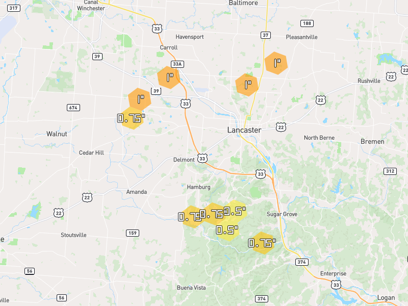 Hail map of Lancaster, OH on Jul 21, 2026, hail up to 1"