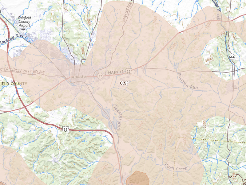 Radar-estimated hail-size map of the storm over Lancaster, OH on Aug 10, 2026