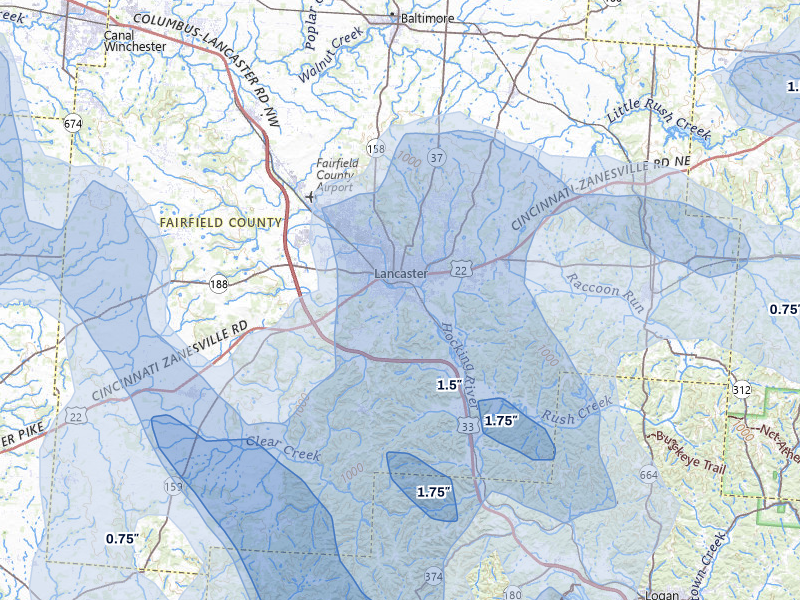 NEXRAD radar-signature map of the hail storm over Lancaster, OH on Aug 10, 2026