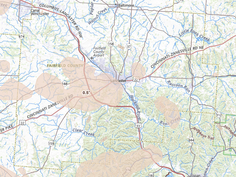Radar-estimated hail-size map of the storm over Lancaster, OH on Aug 11, 2026