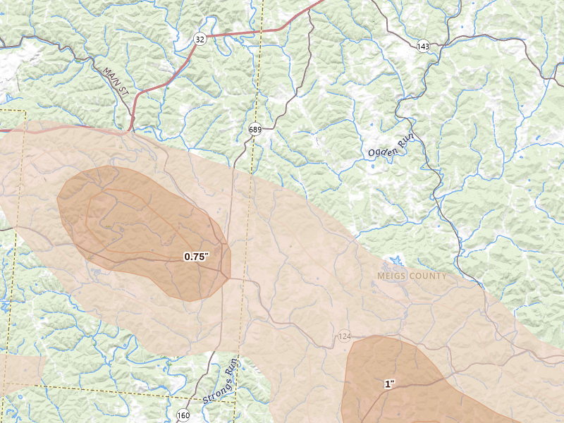 Radar-estimated hail-size map of the storm over Langsville, OH on Aug 10, 2026