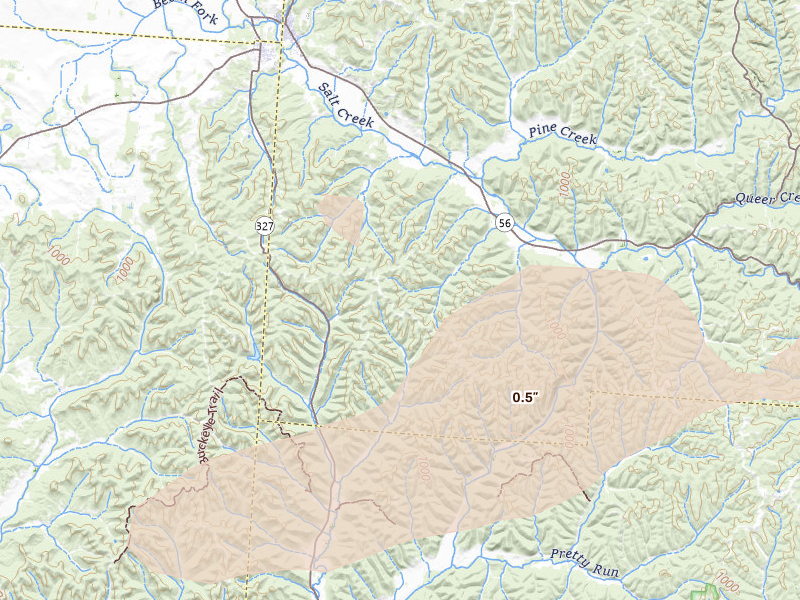 Radar-estimated hail-size map of the storm over Laurelville, OH on Aug 8, 2026