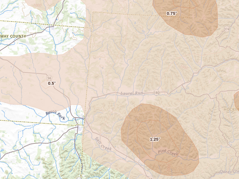 Radar-estimated hail-size map of the storm over Laurelville, OH on Aug 10, 2026