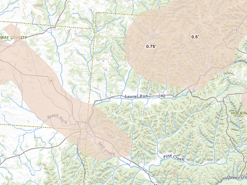 Radar-estimated hail-size map of the storm over Laurelville, OH on Aug 11, 2026