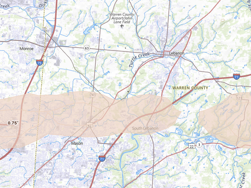 Radar-estimated hail-size map of the storm over Lebanon, OH on Jul 21, 2026