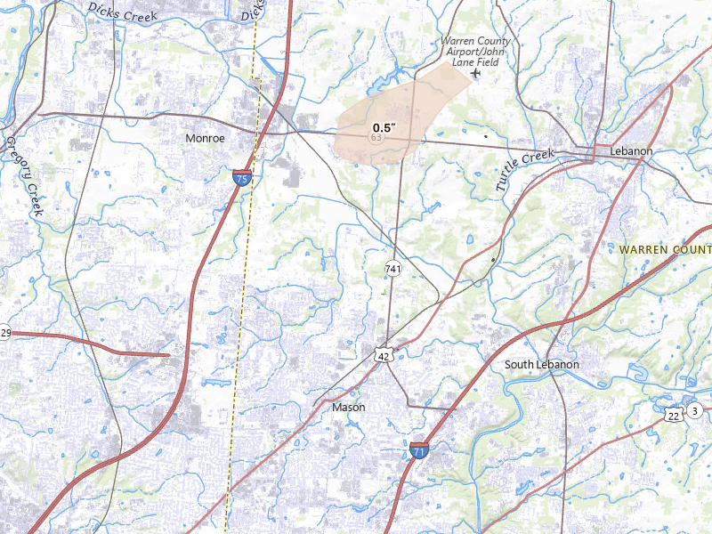 Radar-estimated hail-size map of the storm over Lebanon, OH on Aug 7, 2026