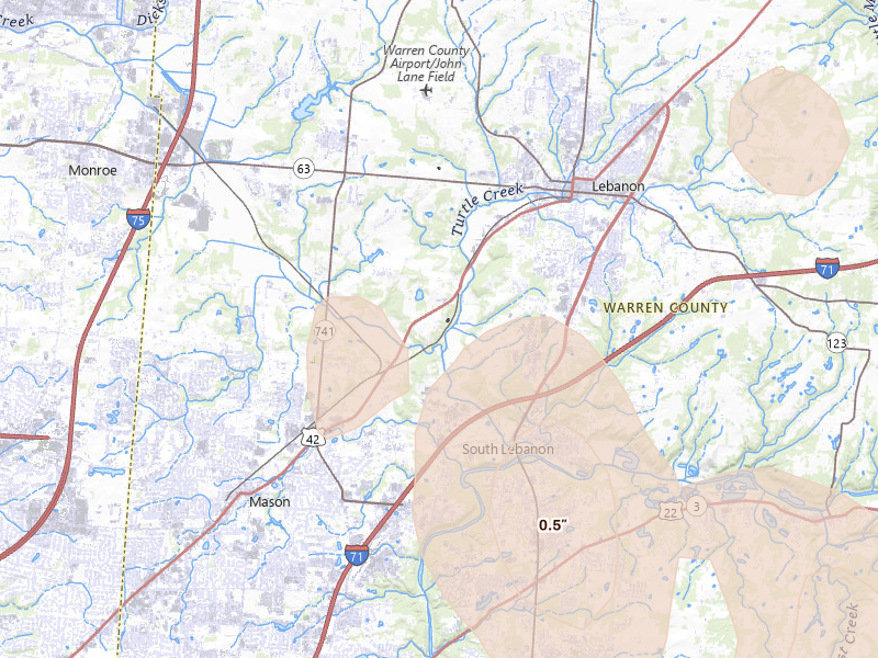 Radar-estimated hail-size map of the storm over Lebanon, OH on Aug 11, 2026