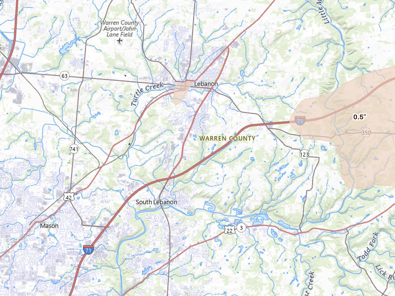 Radar-estimated hail-size map of the storm over Lebanon, OH on Aug 22, 2026