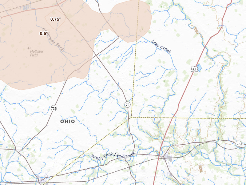 Radar-estimated hail-size map of the storm over Leesburg, OH on Jul 21, 2026