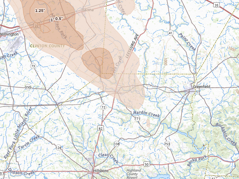 Radar-estimated hail-size map of the storm over Leesburg, OH