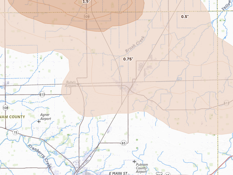 Radar-estimated hail-size map of the storm over Leipsic, OH on Mar 26, 2026