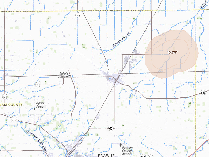 Radar-estimated hail-size map of the storm over Leipsic, OH on Jul 3, 2026