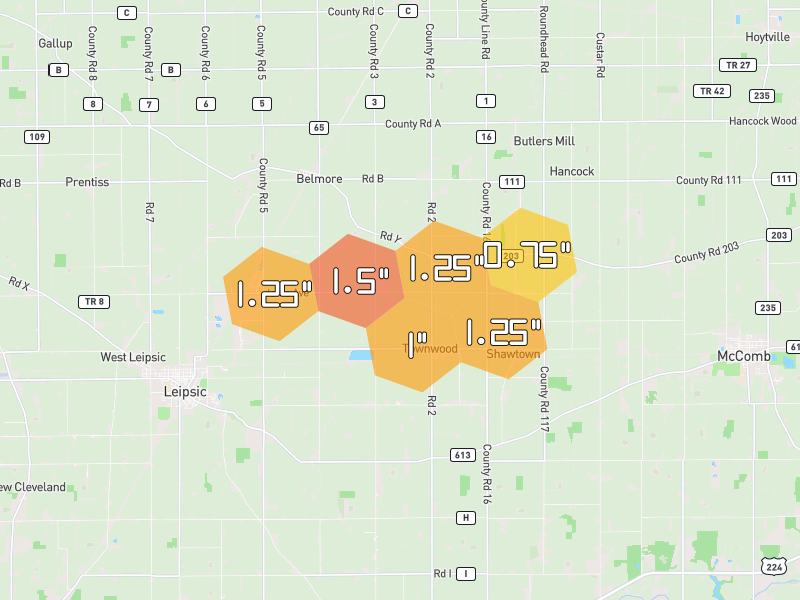Hail map of Leipsic, OH on Jul 3, 2026, hail up to 1.5"