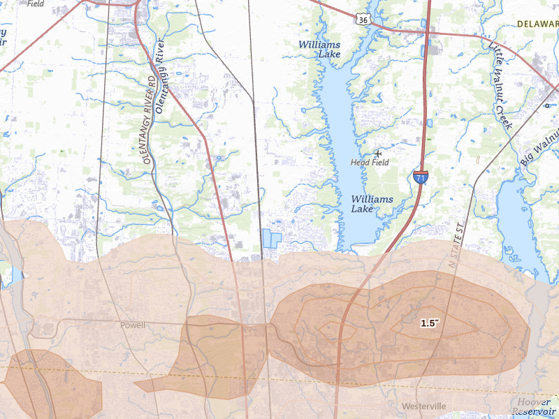 Radar-estimated hail-size map of the storm over Lewis Center, OH on Jun 6, 2026