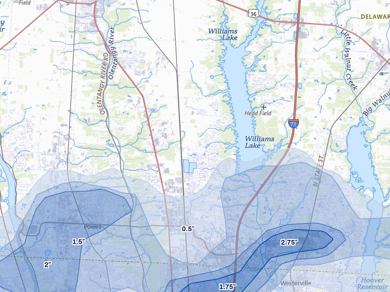 NEXRAD radar-signature map of the hail over Lewis Center, OH