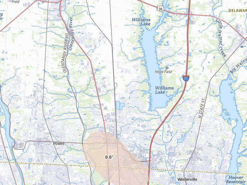 Radar-estimated hail-size map of the storm over Lewis Center, OH on Jul 10, 2026