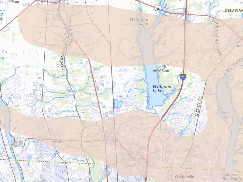 Radar-estimated hail-size map of the storm over Lewis Center, OH on Jul 21, 2026