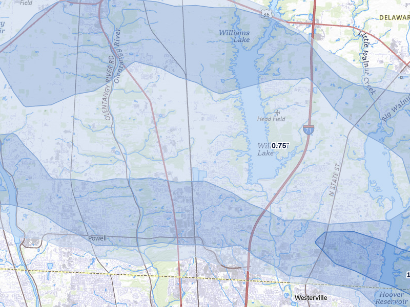 NEXRAD radar-signature map of the hail over Lewis Center, OH