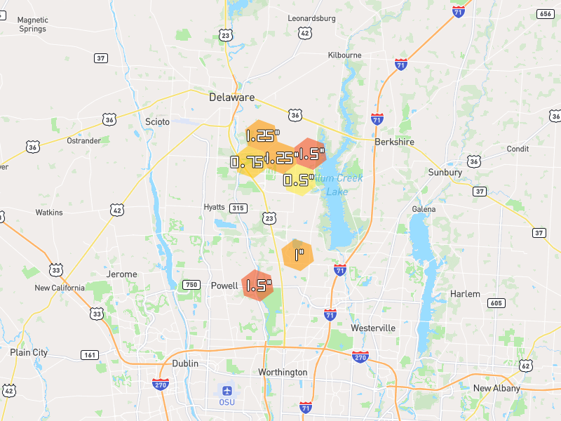 Hail map of Lewis Center, OH on Jul 21, 2026, hail up to 1.5"