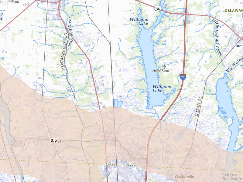 Radar-estimated hail-size map of the storm over Lewis Center, OH on Aug 10, 2026