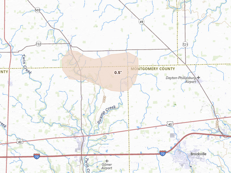 Radar-estimated hail-size map of the storm over Lewisburg, OH on Aug 11, 2026