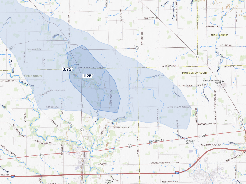 NEXRAD radar-signature map of the hail storm over Lewisburg, OH on Aug 11, 2026