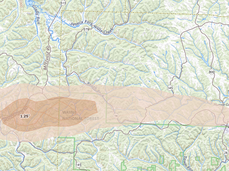 Radar-estimated hail-size map of the storm over Lewisville, OH on Apr 1, 2026