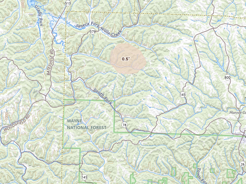 Radar-estimated hail-size map of the storm over Lewisville, OH on Jul 5, 2026