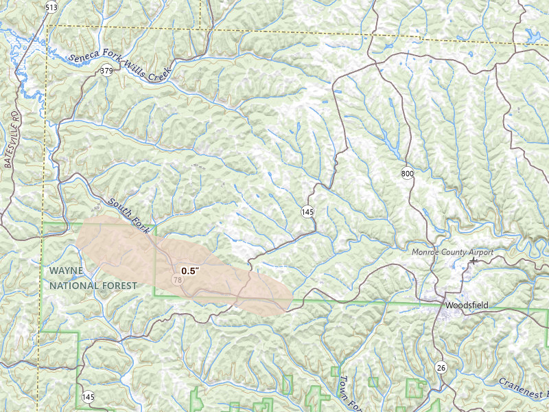 Radar-estimated hail-size map of the storm over Lewisville, OH on Aug 10, 2026