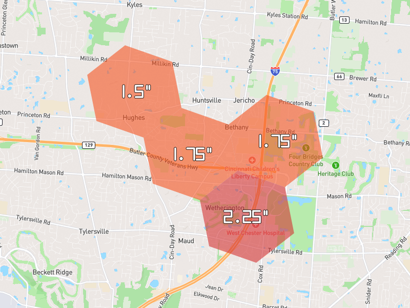Hail map of Liberty Township, OH on Jul 21, 2026, hail up to 2.25"