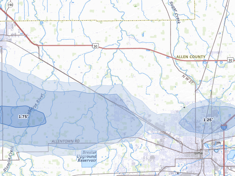 NEXRAD radar-signature map of the hail storm over Lima, OH on Apr 3, 2026